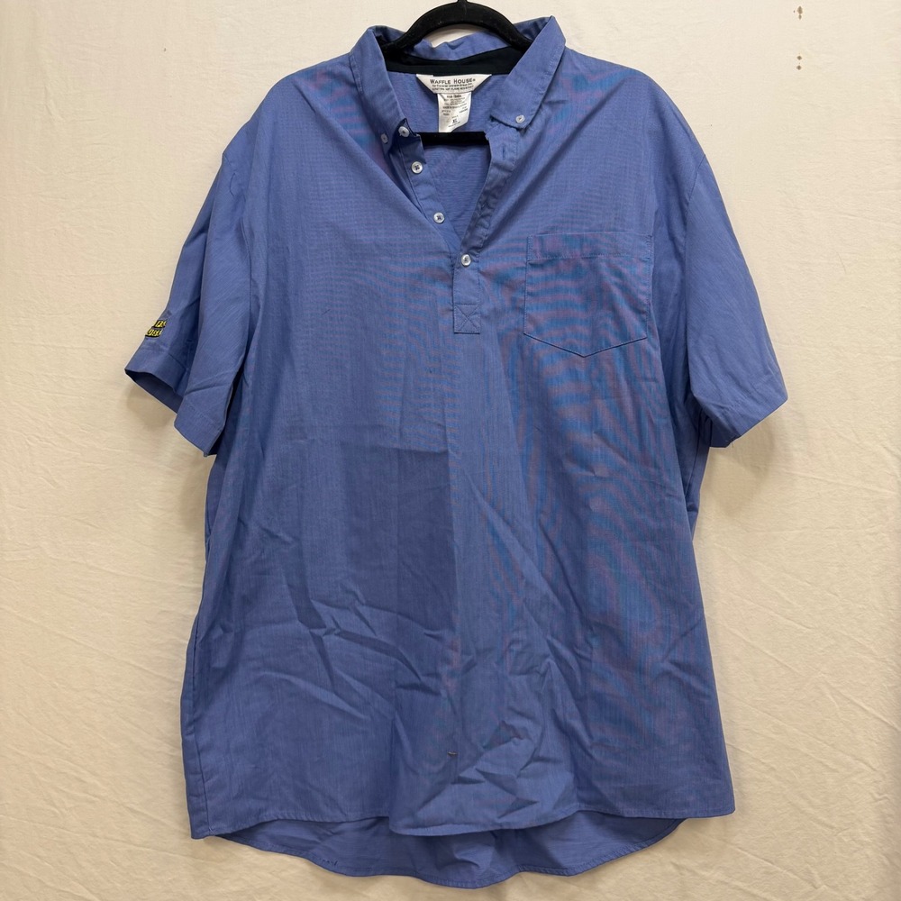 Waffle House Mens XL Blue Stripe Short Sleeve Uniform Shirt Logo Patch 75353